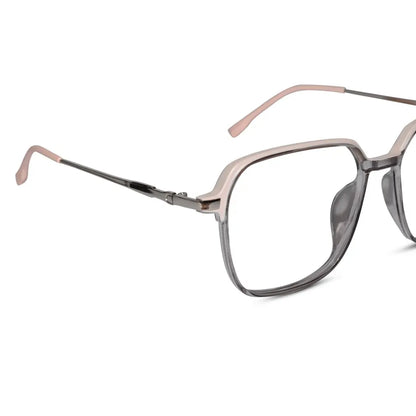 Angled photo of dual tone matt pink and shiny grey oversize glasses fashionable frame for bold modern feminine look