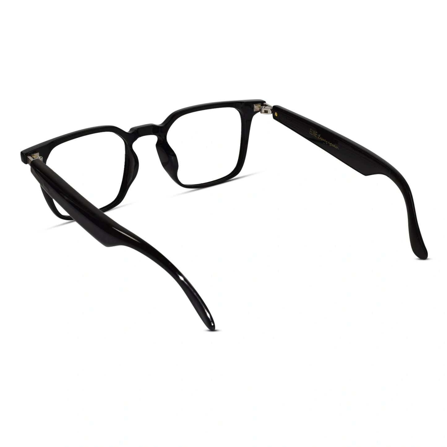Close-up of Smart Black Square Eyeglasses for Men showing hinge design and matte finish – premium men’s eyeglasses