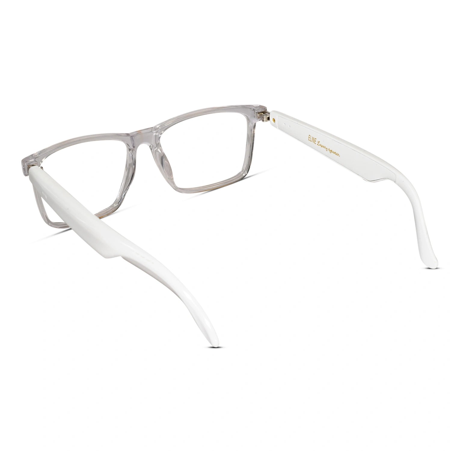 Close-up of Smart Transparent Rectangular Eyeglasses showing transparent frame and hinge design – unisex style"
