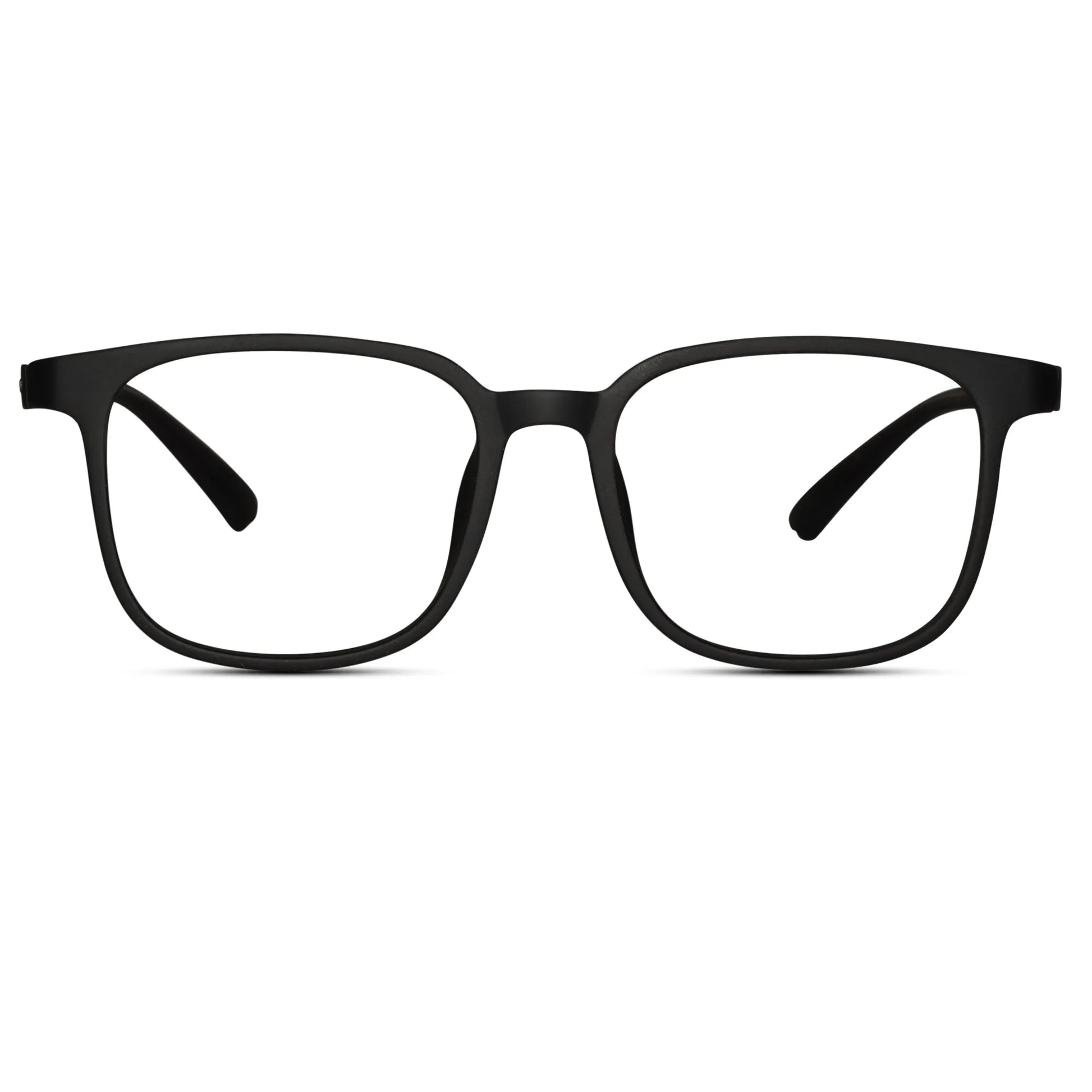 Front view of matt black lightweight rectangle eyeglasses for men and women stylish unisex specs for modern look