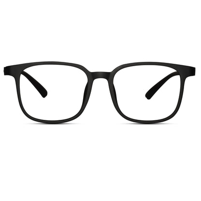 Front view of matt black lightweight rectangle eyeglasses for men and women stylish unisex specs for modern look