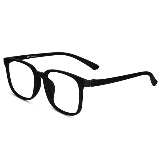 Side view of matt black lightweight rectangular eyeglass frame durable unisex specs for everyday wear and comfort