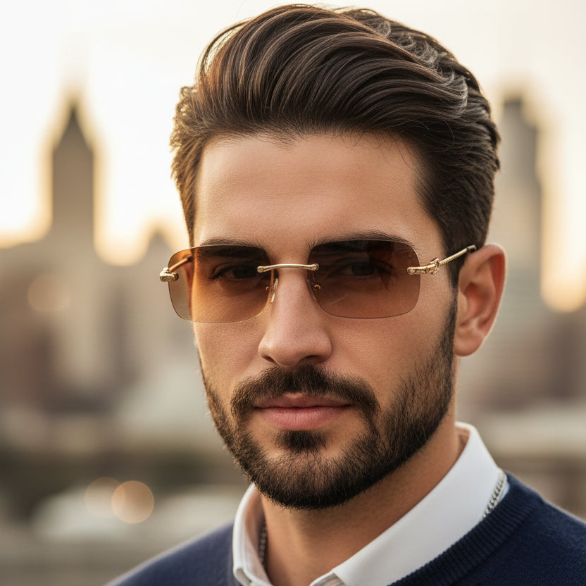 Rectangular Brown Rimless Sunglasses For Men & Women ELS66041-BRN