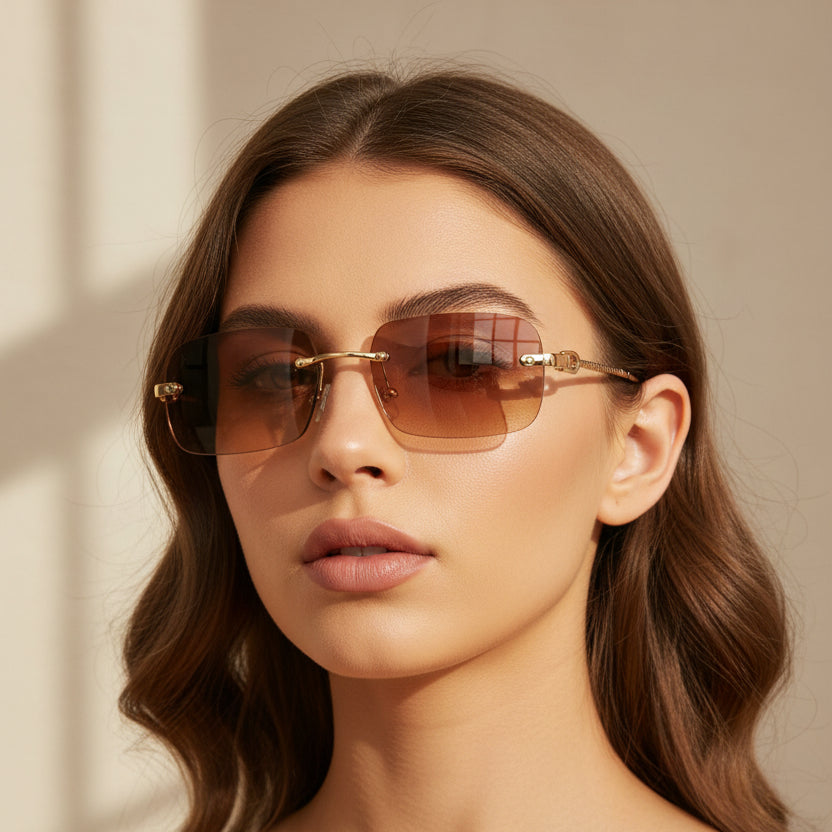 Rectangular Brown Rimless Sunglasses For Men & Women ELS66041-BRN