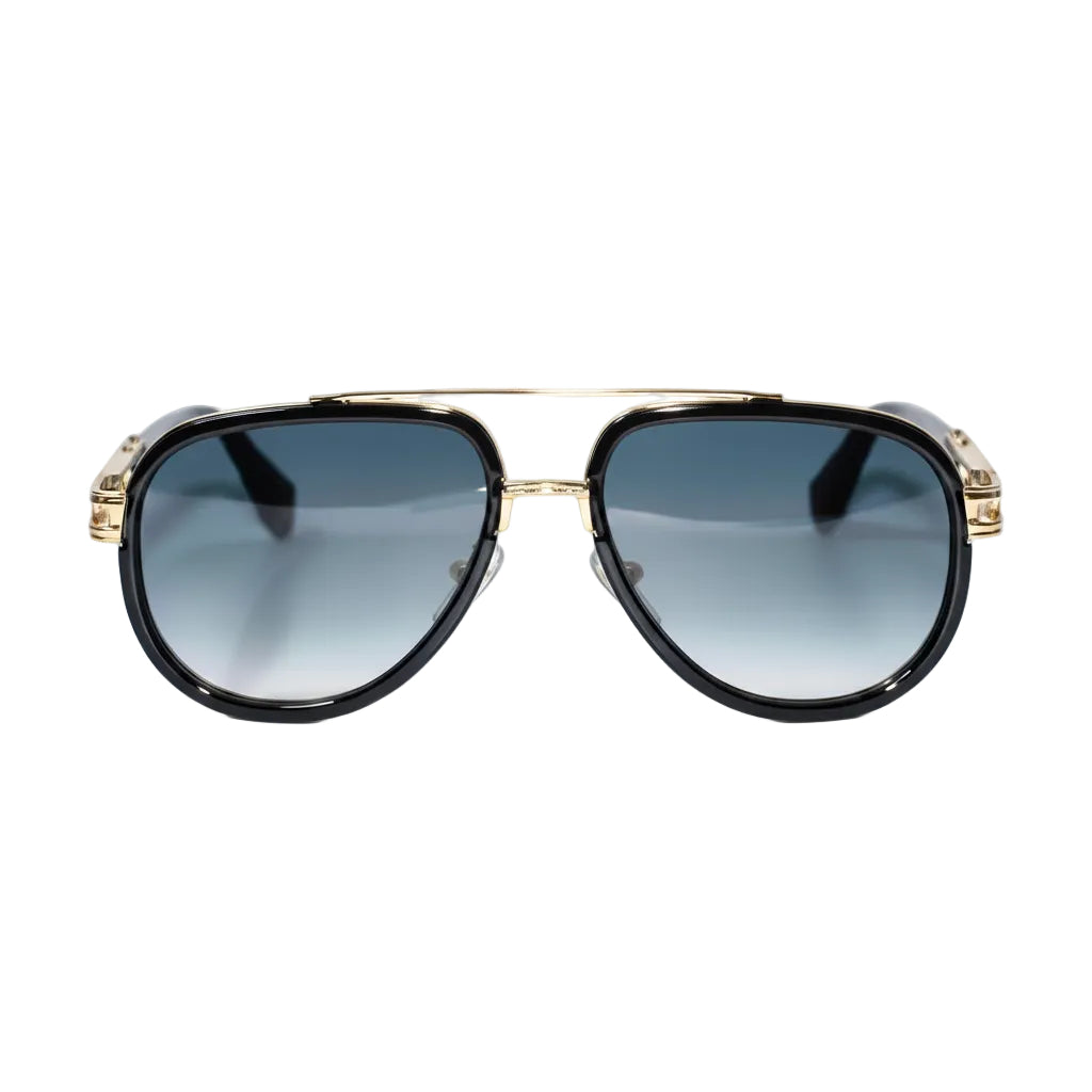 A pair of aviator-style sunglasses with a black acetate frame, gold metal double bridge and temples, and gradient gray lenses, shown against a plain white background.
