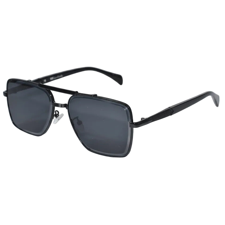 Black square aviator-style sunglasses with dark gray lenses and a double bridge, displayed on a clean white background.