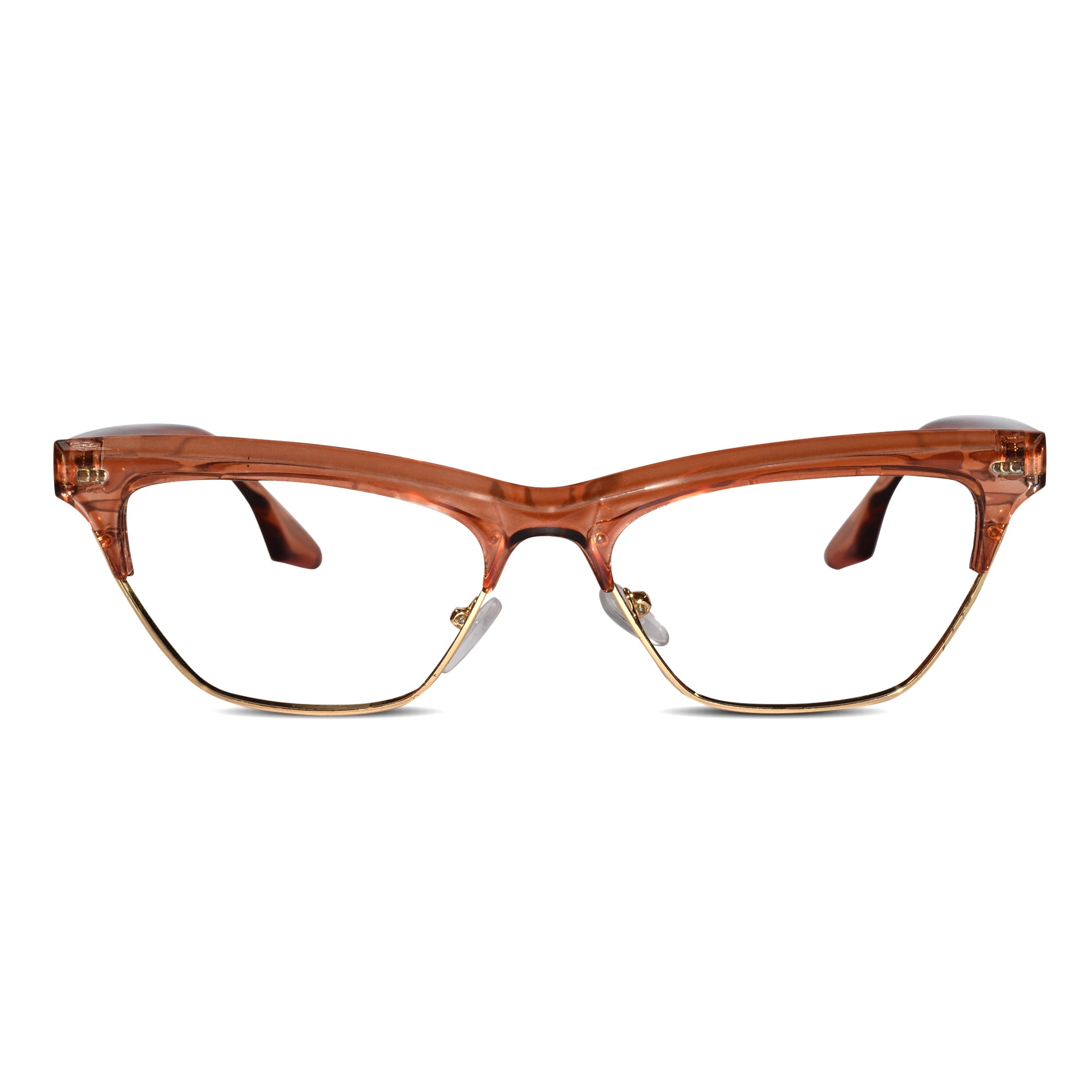 Detailed view of Crystal Brown with Golden Cat eye glasses.Also great as zero power glasses for computer work