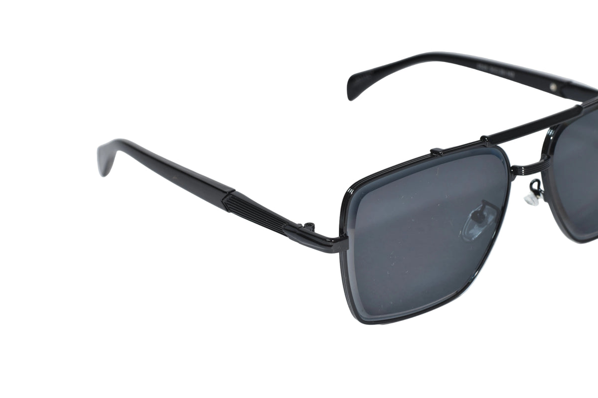 Black square aviator-style sunglasses with dark gray lenses, shown on a clean white background.