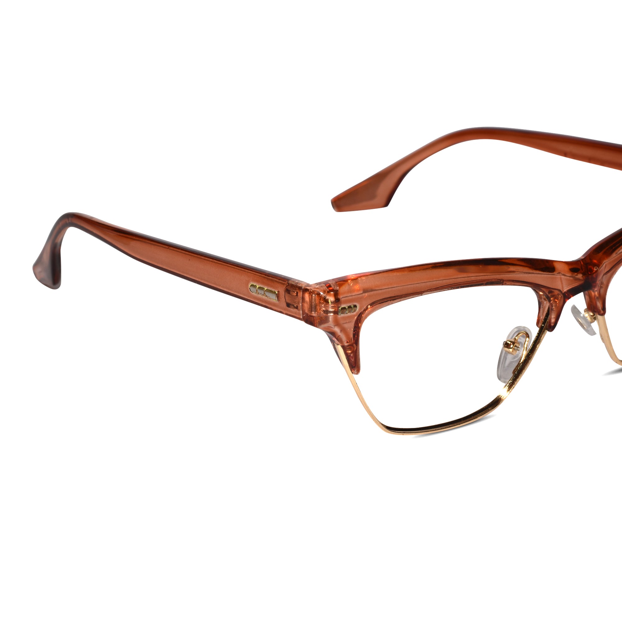 Angled view of Crystal Brown with Golden Cat eye glasses.Best blue lens glasses for computer use