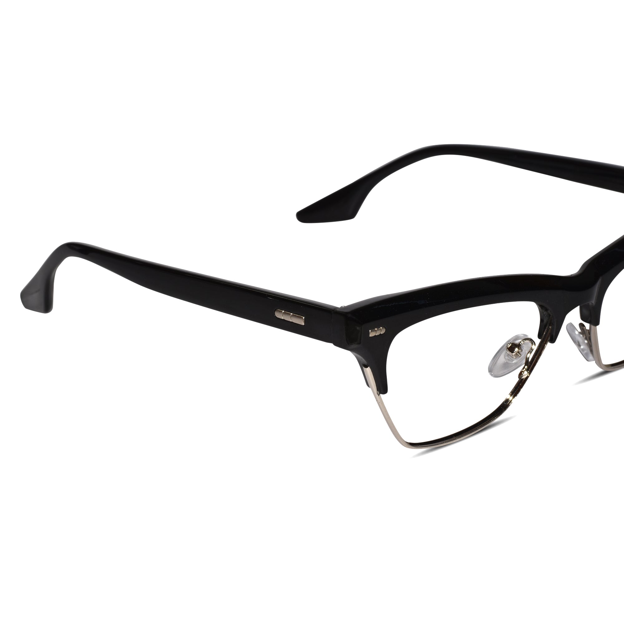 Side view of black cat-eye computer blue ray glasses.Can also be used as zero power glasses for computer work