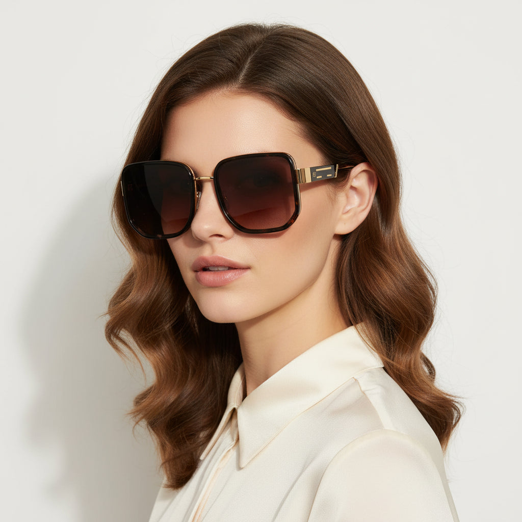 Oversize Brown with Golden  Square Sunglasses For Women ELST006-BRN