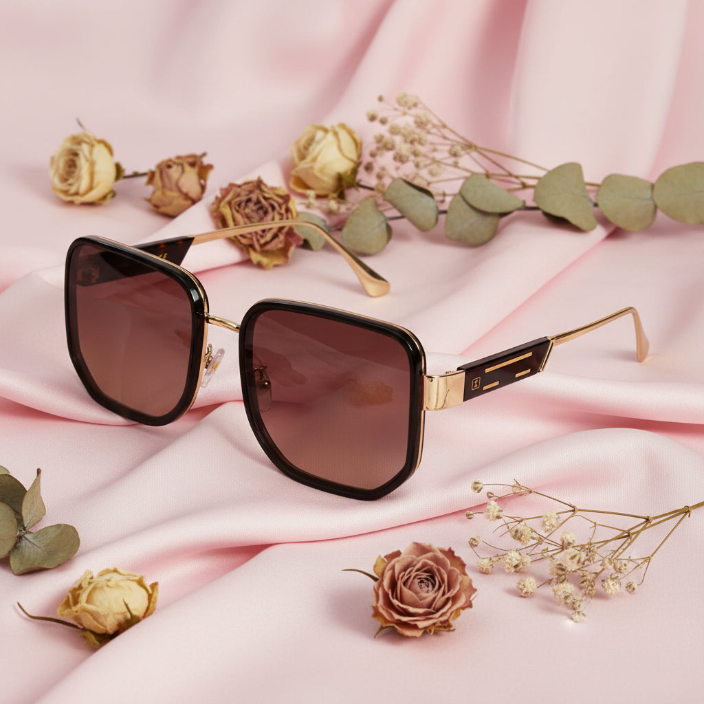 Oversize Brown with Golden  Square Sunglasses For Women ELST006-BRN