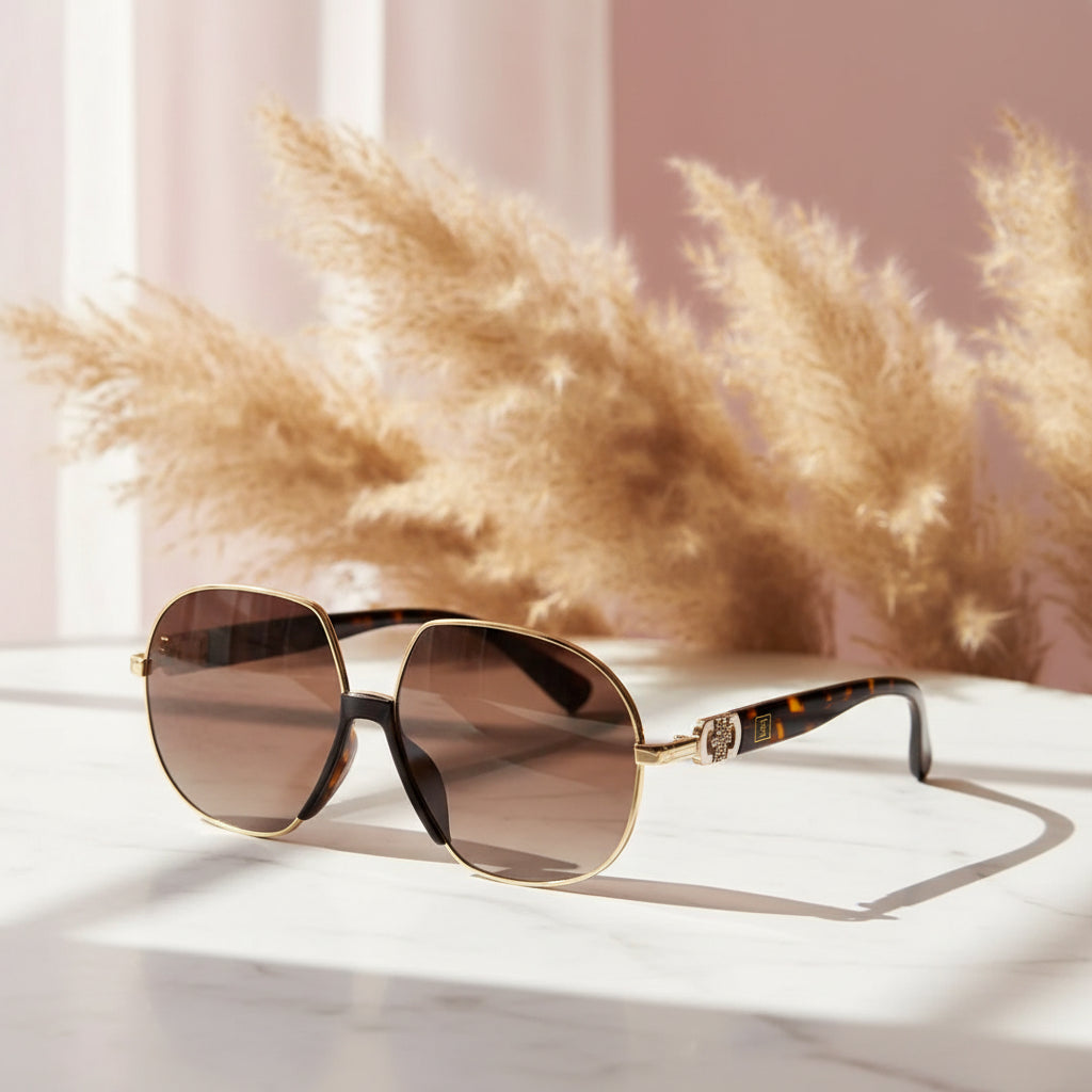 RoyalGaze | Designer Green Oversized Sunglasses For Women ELS58229-BRN