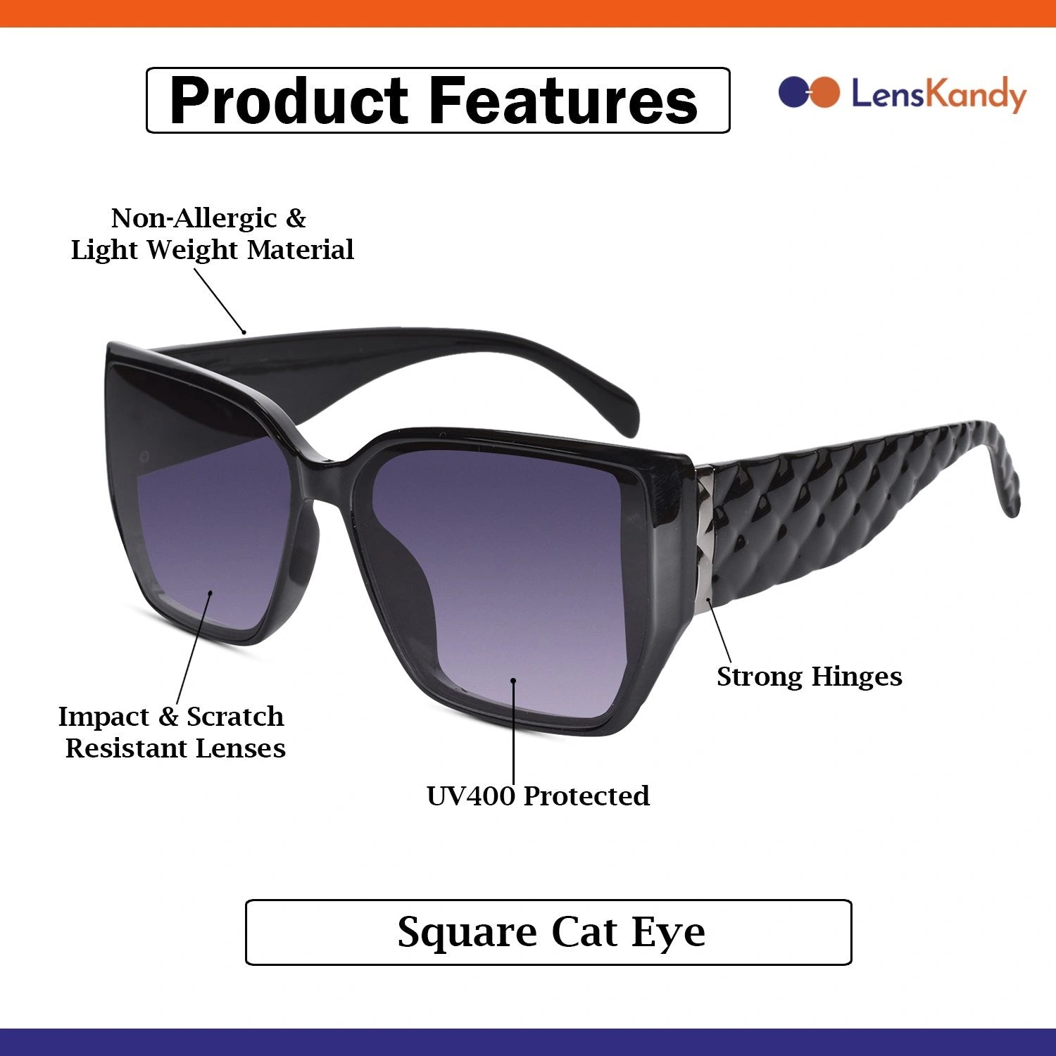Designer Black Rectangular Sunglasses For Women LKS9131-BLK