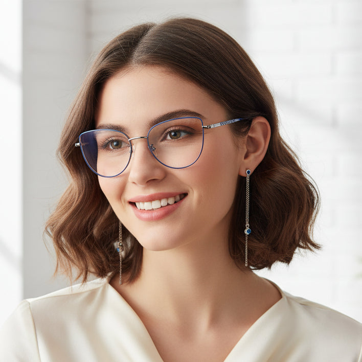 Designer Blue Metal Full Frame Cateye Eyeglasses For Women LKE7005-BLU