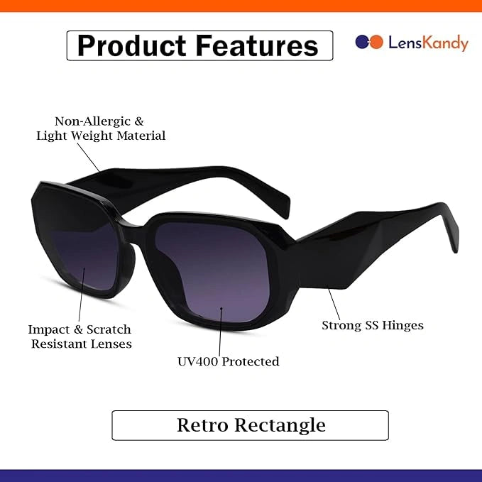 Designer Bold Crystal Black Rectangular Sunglasses For Women-LKS9115-BLK