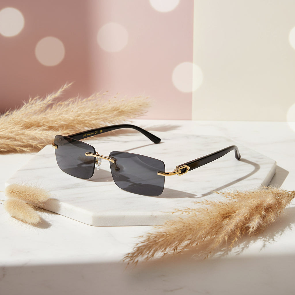 Black  Golden Rimless Sunglasses For Women And Men ELS66042-BLK