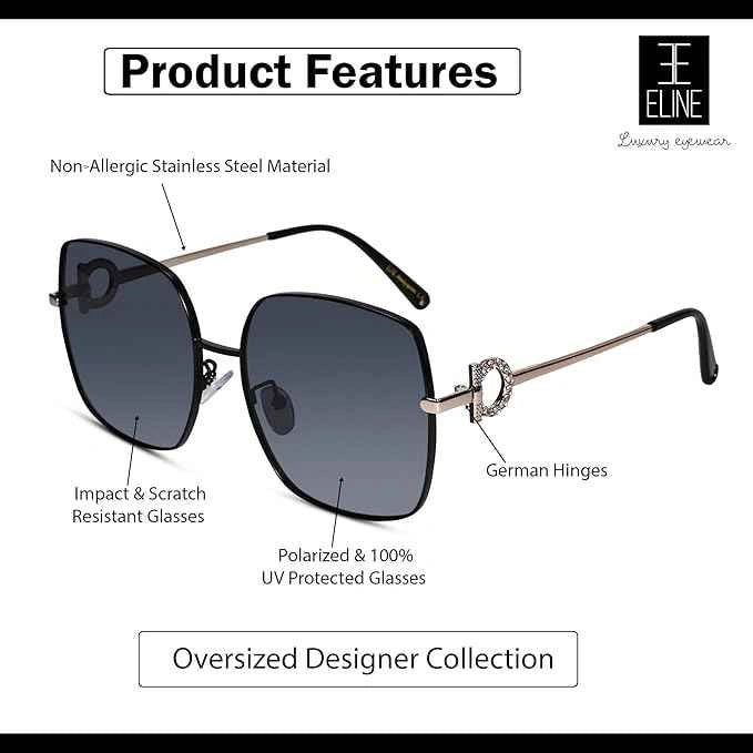 Designer Oversize  Black Square Sunglasses For Women ELS1535-BLK