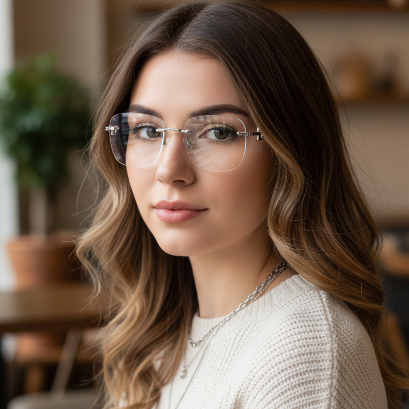 Trendy Frameless eyeglasses with Silver Rectangular frame unisex with Anti-Glare Coating and Eye Protection.