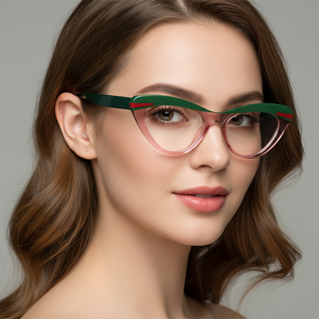 Get Unisex Green Crystal Pink Cat eye Computer Eyeglasses. Stylish Dual Tone frame with blue cut lenses.