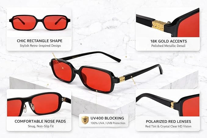 ELINE Retro Rectangle Sunglasses for Men & Women ELS2029-Red