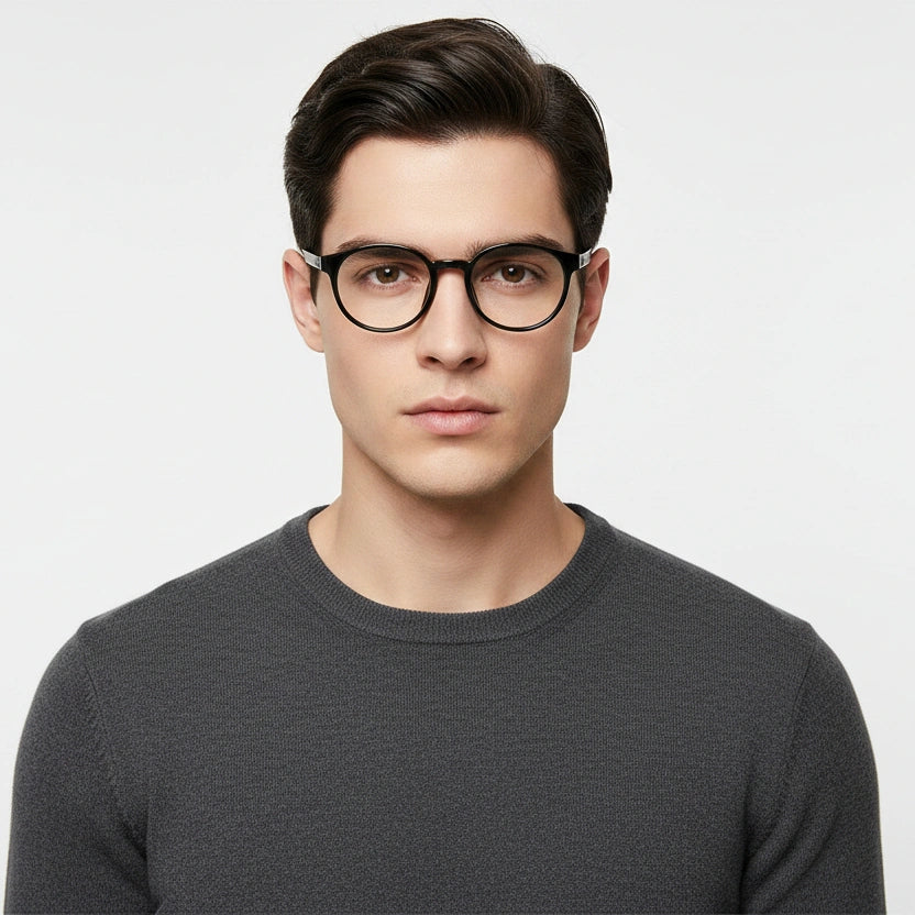 Flexible Shiny Black Round Eyeglasses For Men & Women LKE7135-BLK
