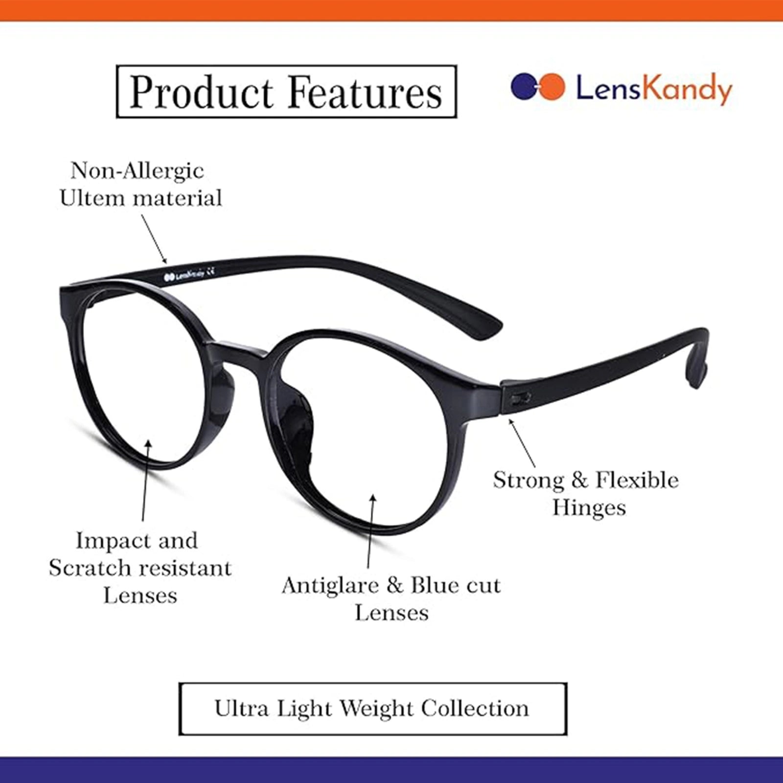 Flexible Shiny Black Round Eyeglasses For Men & Women LKE7135-BLK