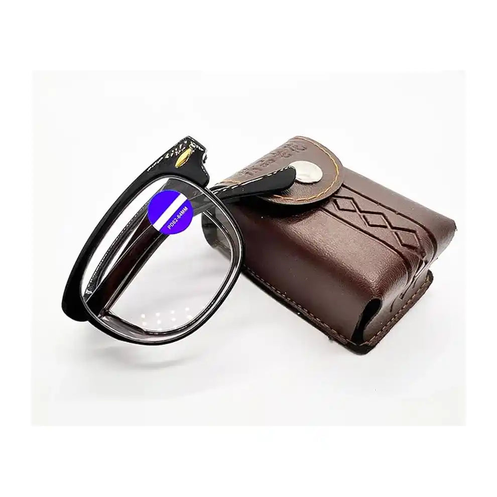 Matte black folding Full Rim reading glasses shown with their compact and portable case.