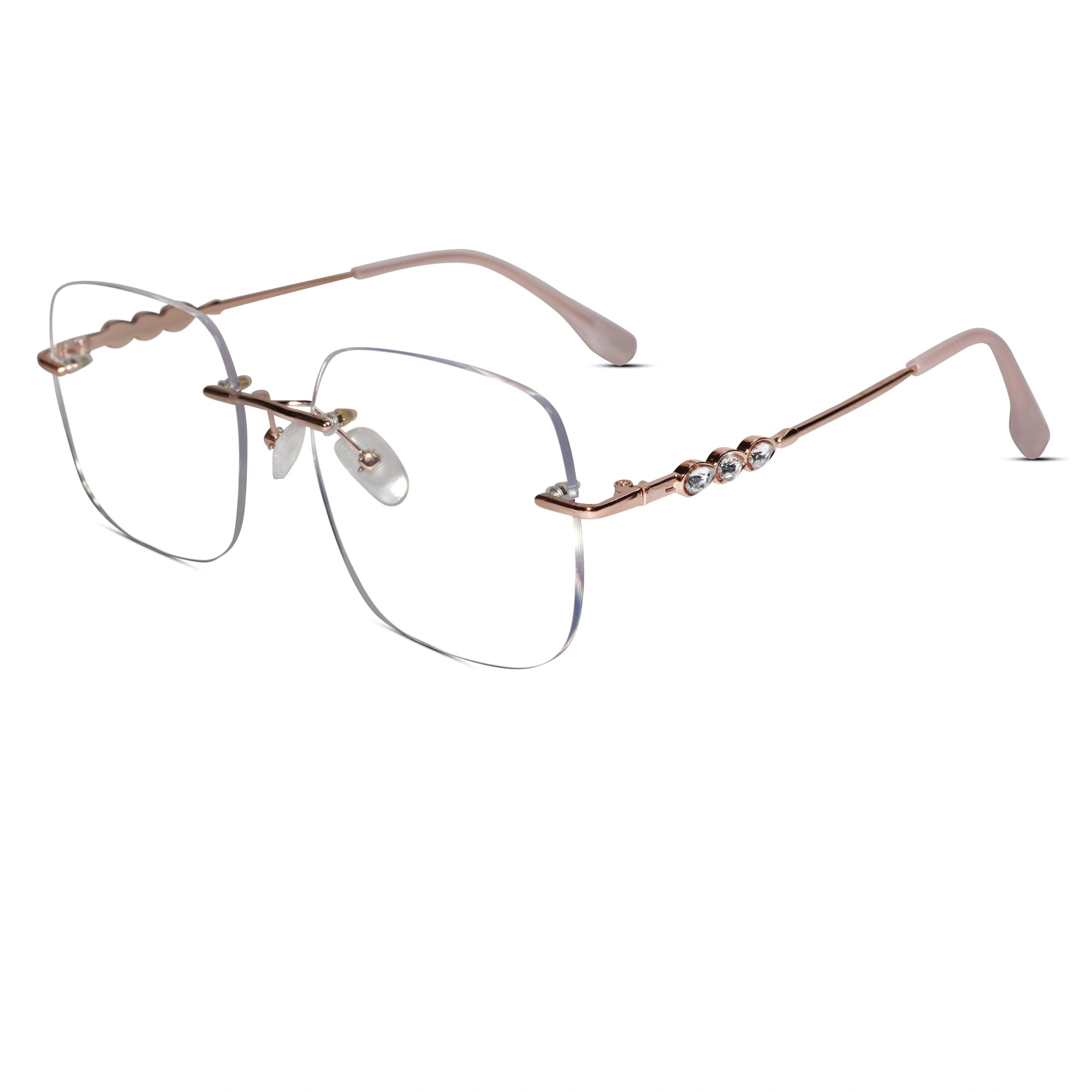 Get Trendy Designer Jewel Rose Gold Oversize Women Square Eyeglasses Rimless. Blue light blocking computer eyewear.