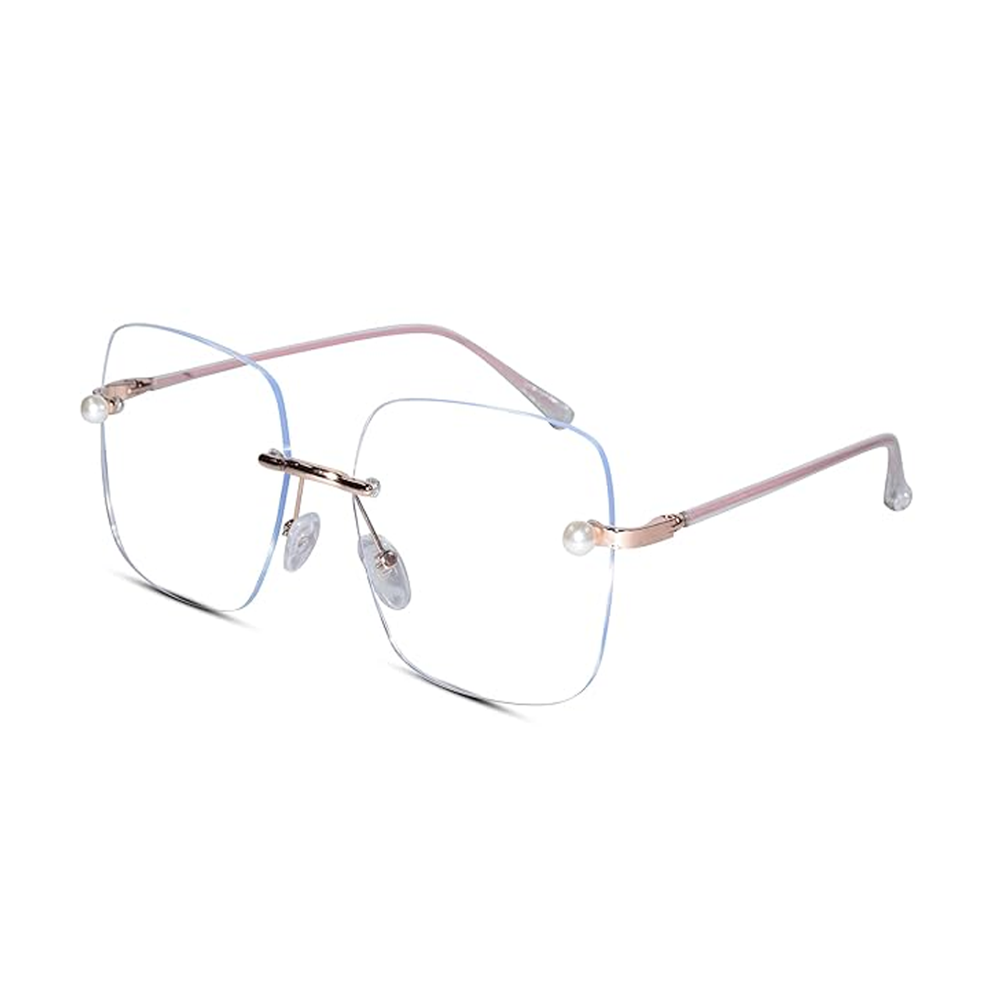 Buy Rose gold Frameless designer computer glasses with pearl accents; elegant zero power blue cut specs.