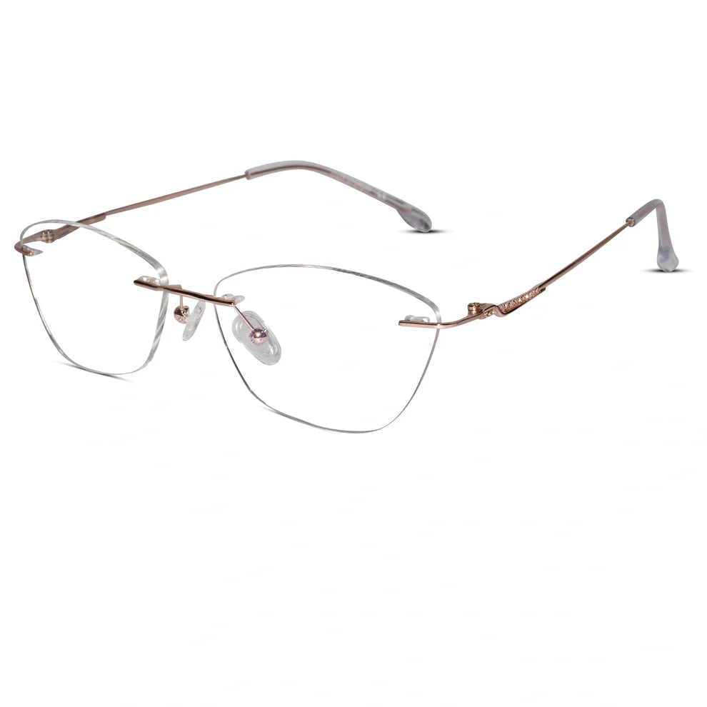 Sleek Rose Gold Jewel Designer Rimless Cat eye Eyeglasses
