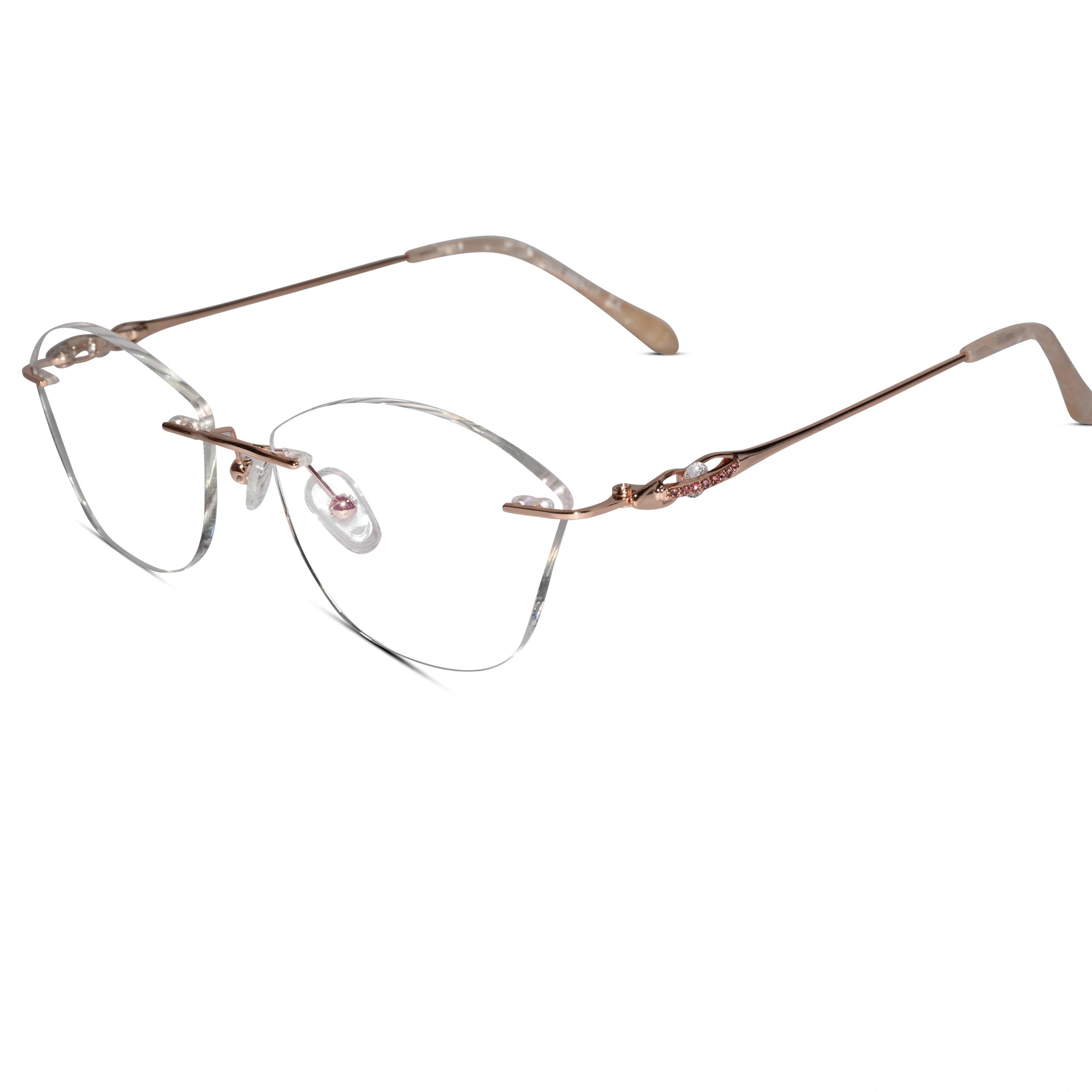 Get Fashionable Sleek Rose Gold Women Cat Eye Rimless Eyeglasses, . Shop Bluecut Computer Specs For All Day Comfort