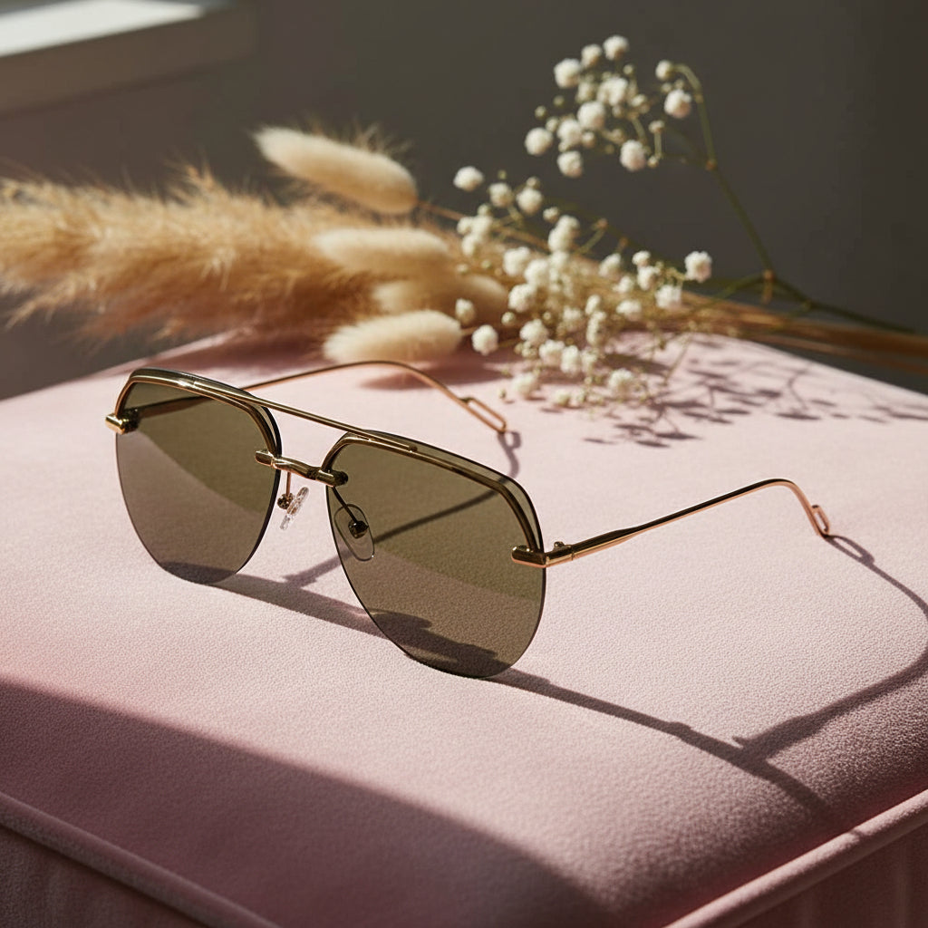 Gold green Rimless Sunglasses For Men LKS7248-GRN-GOLD