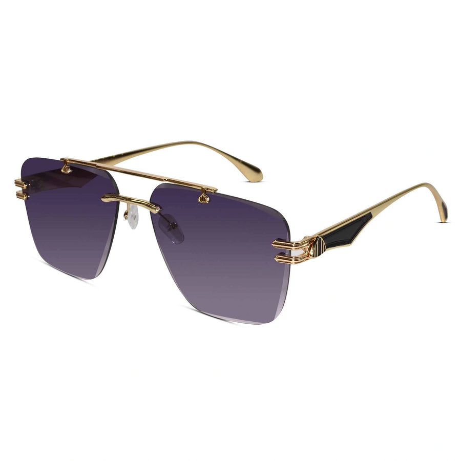 Gold Purple Rimless Aviator Sunglasses For Men