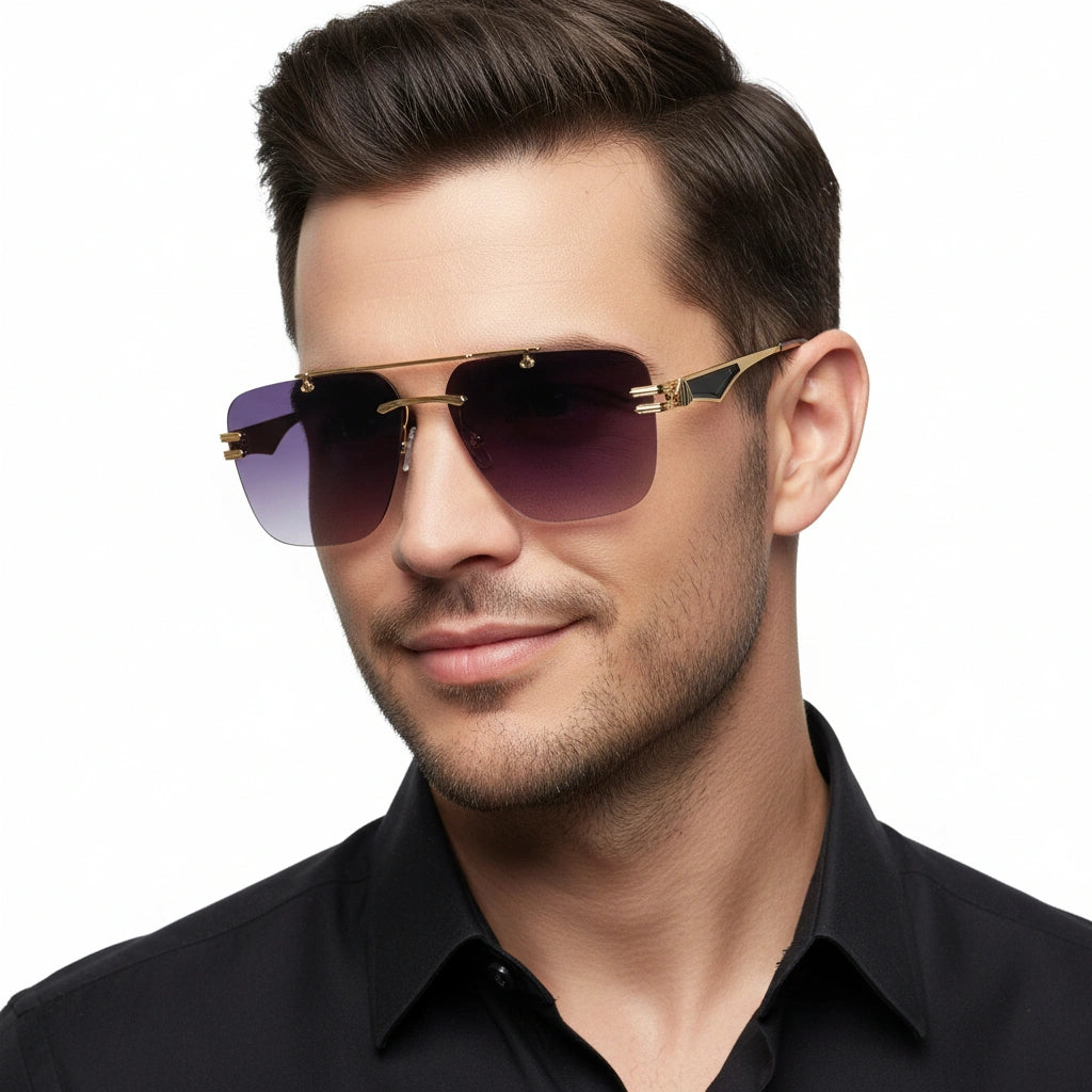 Gold Purple Rimless Aviator Sunglasses For Men ELS001-PURPL