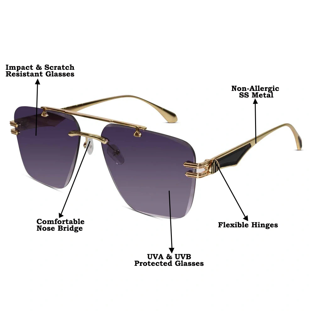 Gold Purple Rimless Aviator Sunglasses For Men ELS001-PURPL