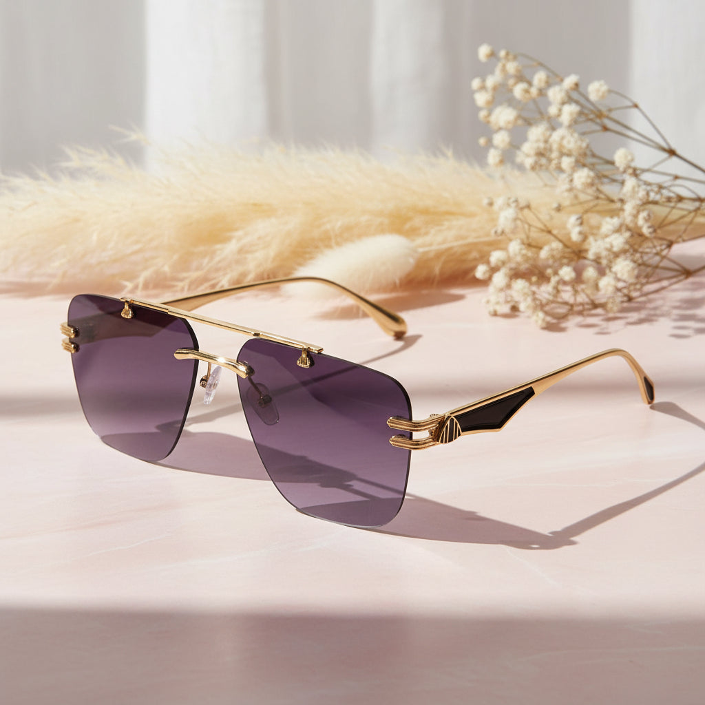 Gold Purple Rimless Aviator Sunglasses For Men ELS001-PURPL
