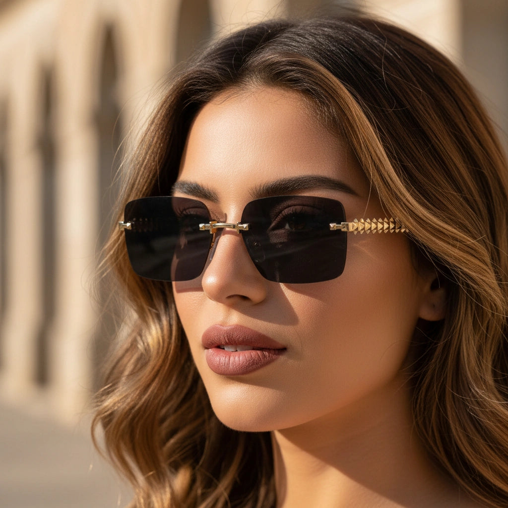 Gold Studded Rimless Sunglasses for Women ELS3038-BLK GOLD