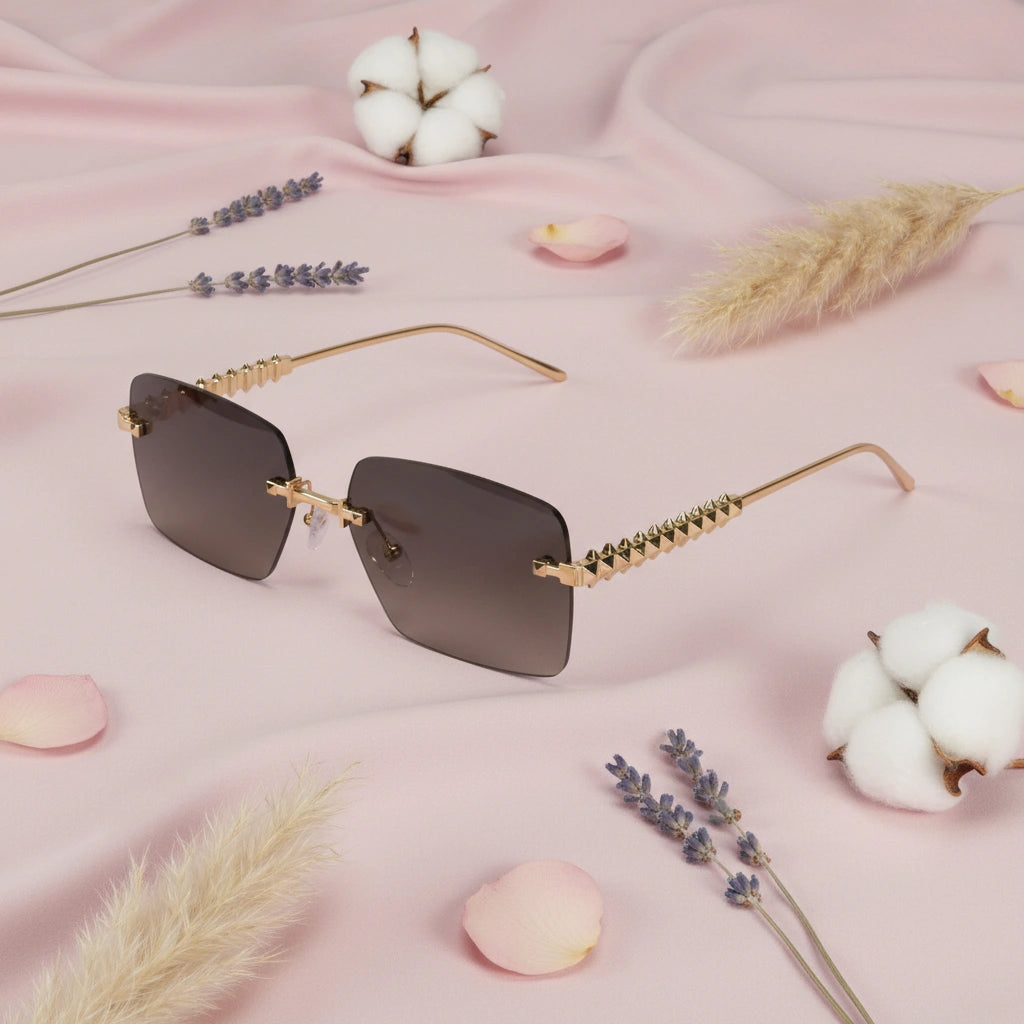 Gold Studded Rimless Sunglasses for Women ELS3038-GOLDEN