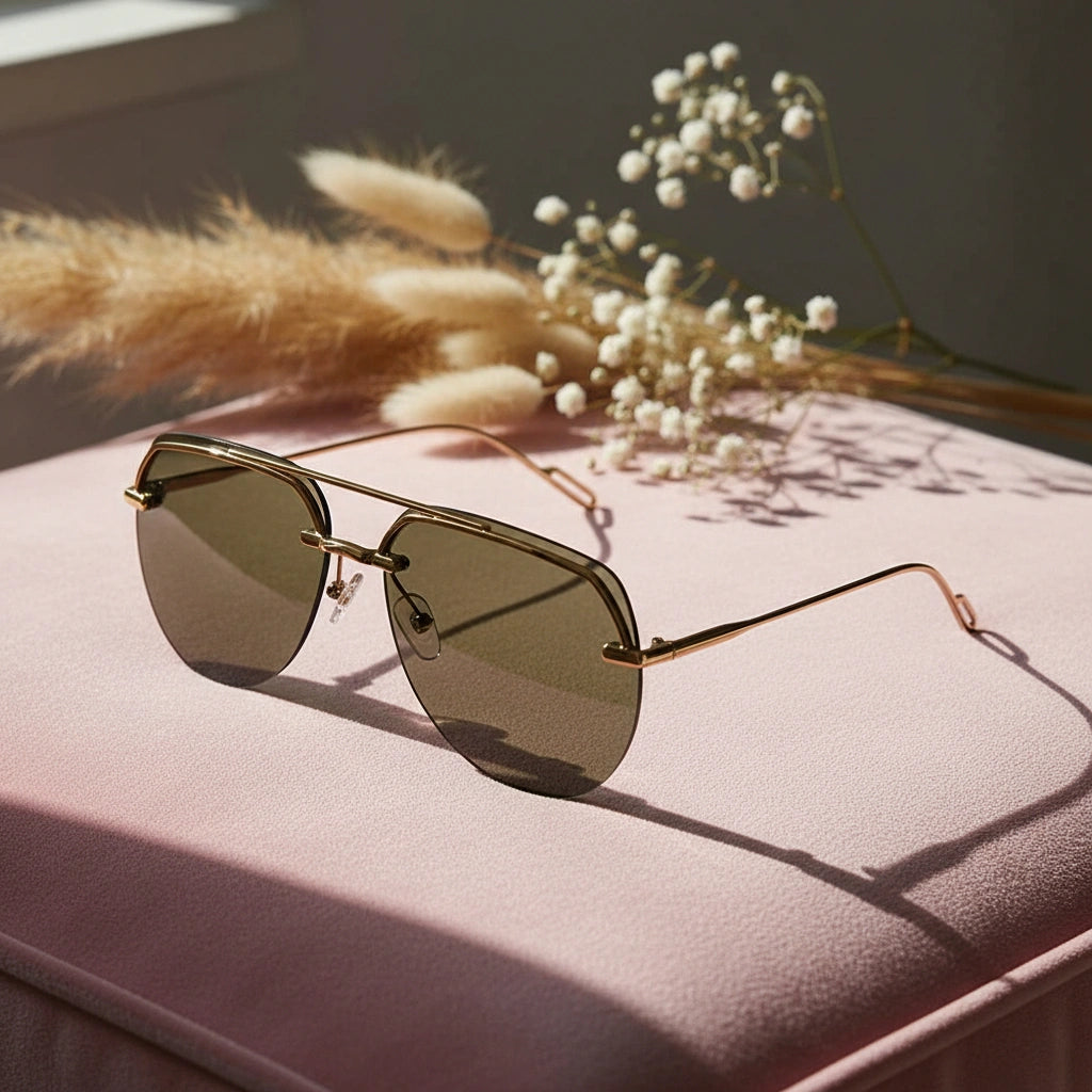Gold green Rimless Sunglasses For Men LKS7248-GRN-GOLD