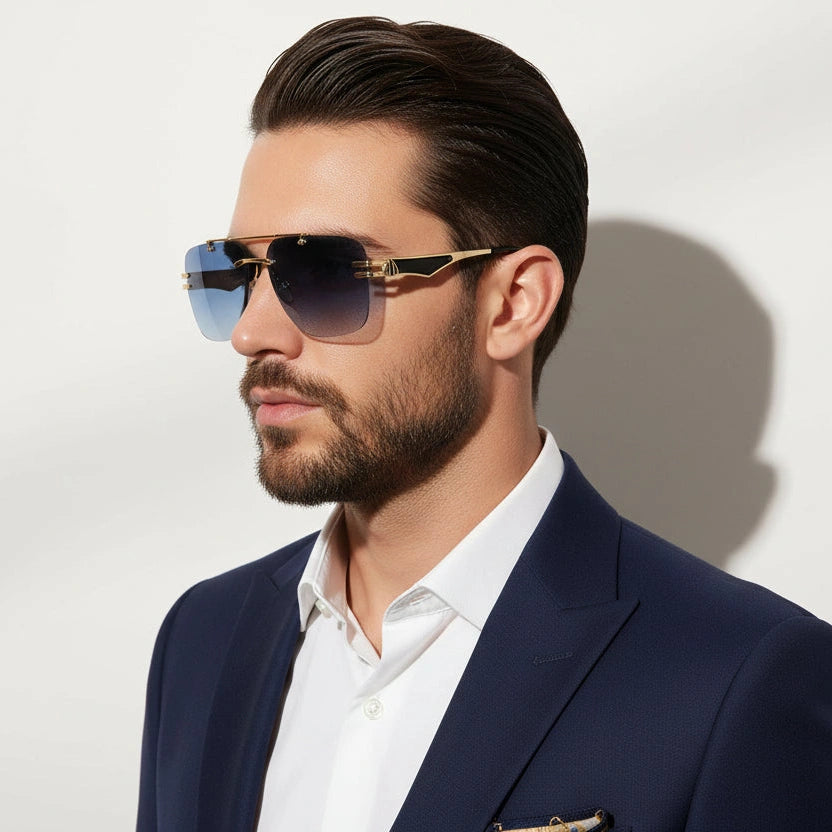 Golden Blue Tint Designer Rimless Sunglasses For Men ELS001-BLU
