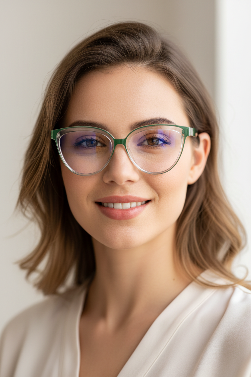 Buy Green Cat eye blue cut computer glasses for women featuring trendy transparent frames to reduce digital eye strain.