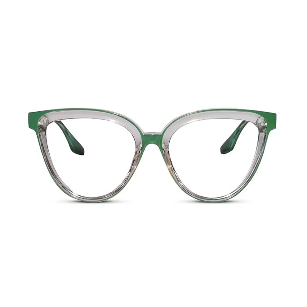 Front view of green cat eye computer glasses for women stylish blue light filter specs for eye strain and digital screen use