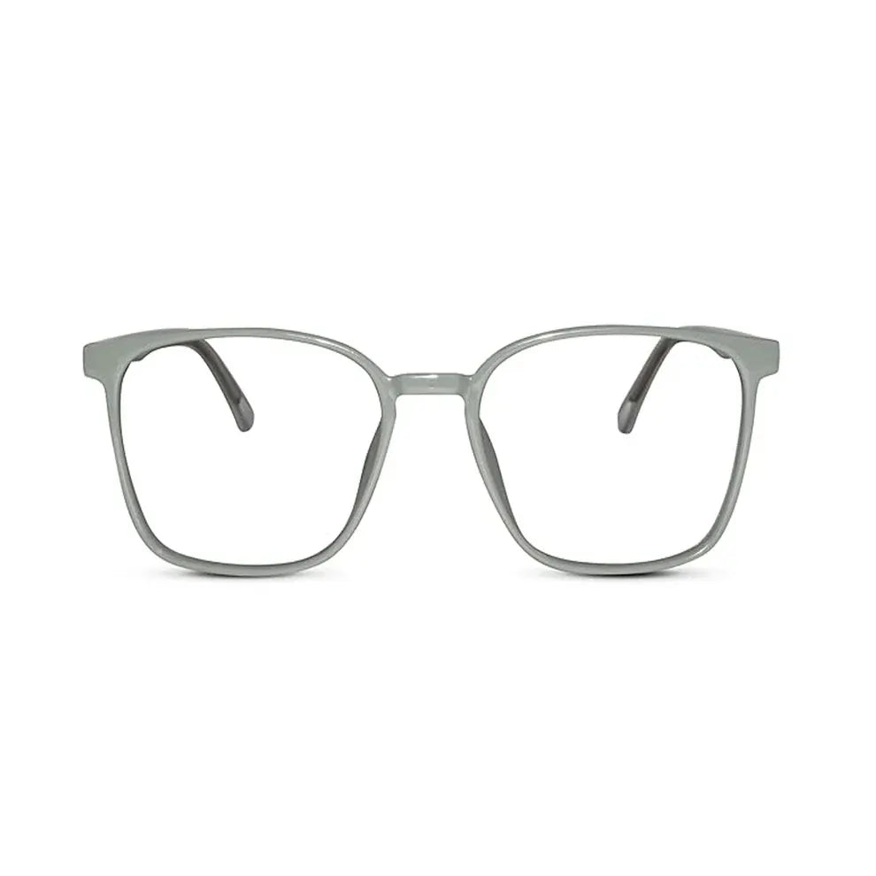 Front view of shiny grey square antiglare computer glasses, unisex blue light filter specs for eye strain and screen work