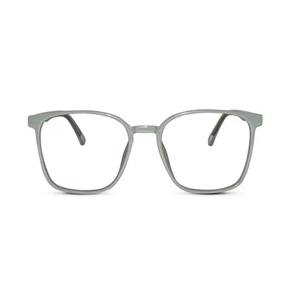 Front view of shiny grey square antiglare computer glasses, unisex blue light filter specs for eye strain and screen work