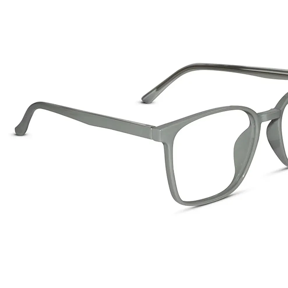 Angled photo of shiny grey square antiglare glasses stylish unisex eyeglass frame for daily office and computer use