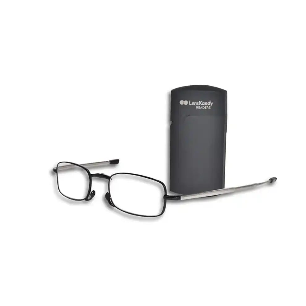 Side-view of the durable Foldable Reading Glasses lens kart showing its case.offering luxury frames for men