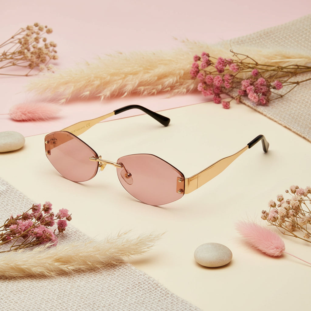 Hexa Gold Pink Rimless Sunglasses ELS003-PNK