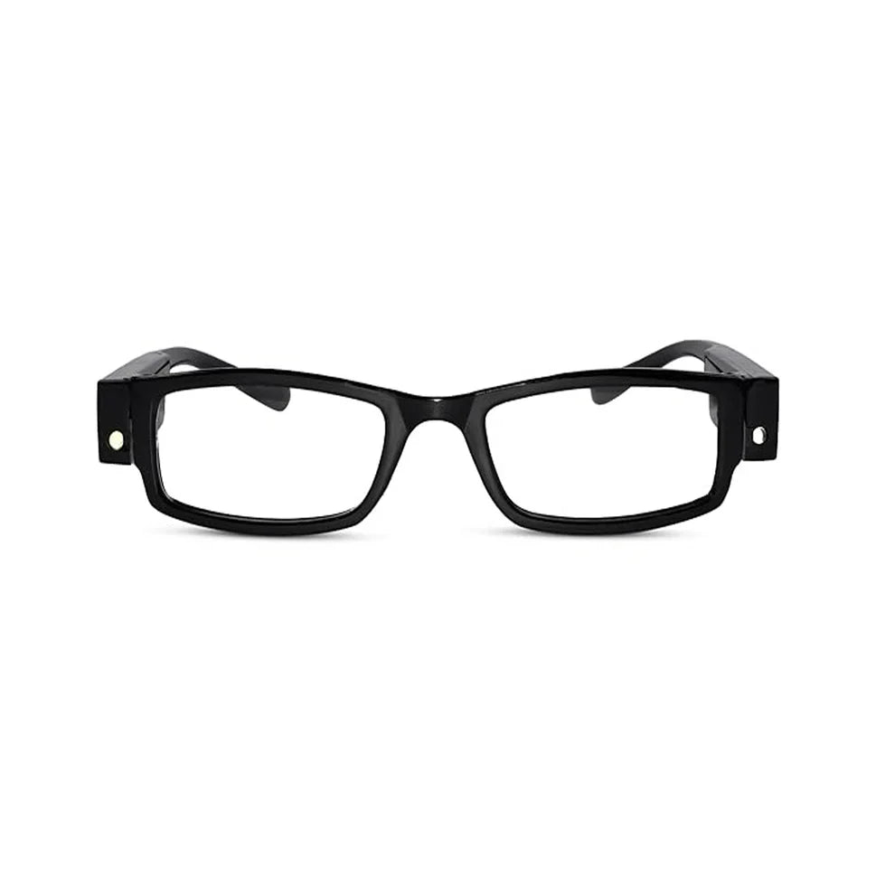 Front view of black frame LED light reading glasses, Perfect rectangular frame for daily use