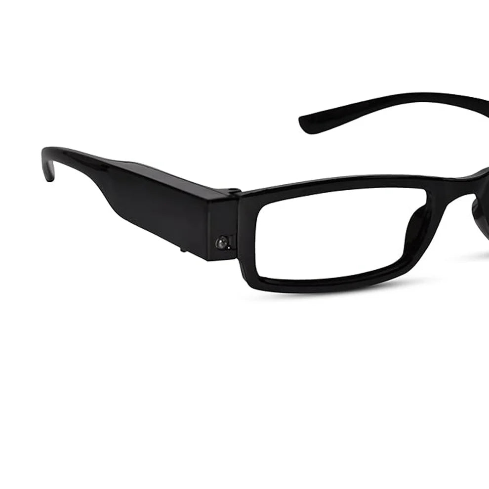 Close-up side view of black frame LED light reading glasses with light module,flexible eyewear
